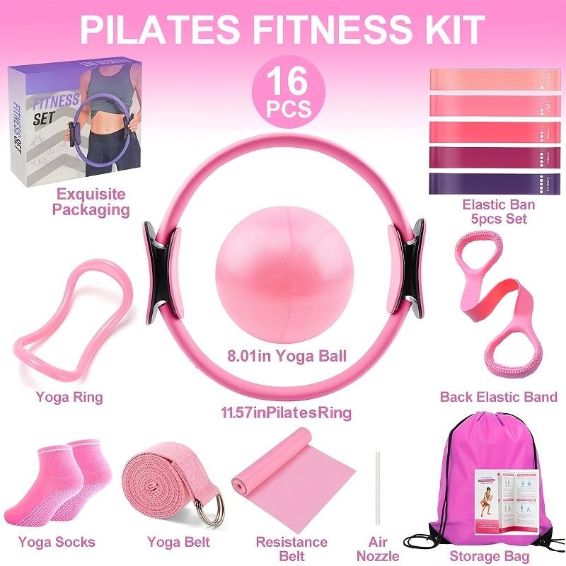 Pink or Purple 16-Piece Pilates Fitness Kit with Ring, Ball, Five Bands, Socks, Straps and Storage Bag