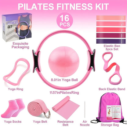 Pink or Purple 16-Piece Pilates Fitness Kit with Ring, Ball, Five Bands, Socks, Straps and Storage Bag