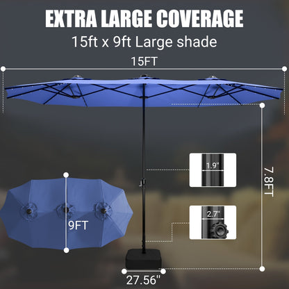 Patio Umbrella 15x7.5FT Double-Sided Style with Crank and Four Blue, Red, Khaki or Lake-Blue Options
