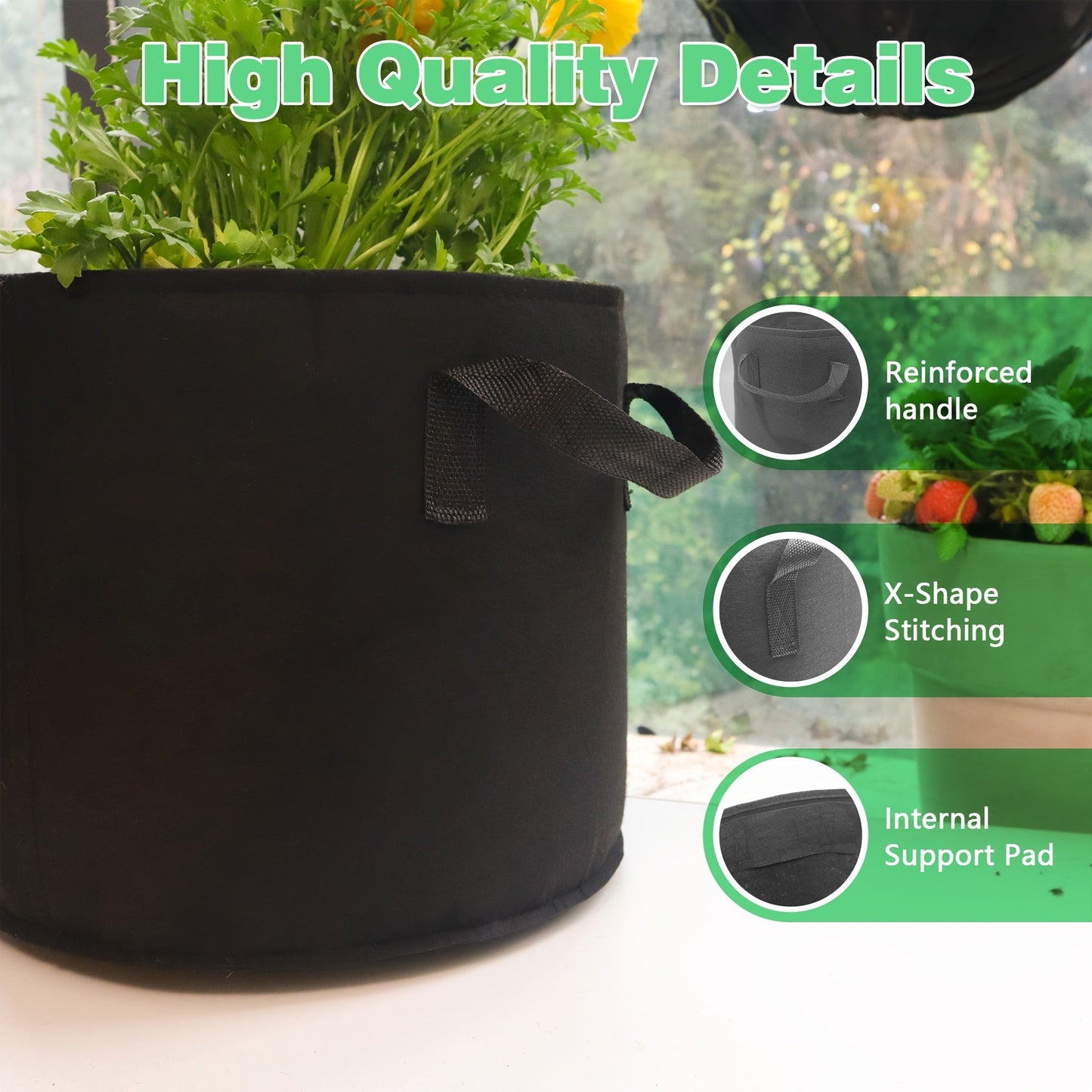 Four-Pack Black Grow Bags with Handles in 5-Gallon or 10-Gallon-Labeled Size Options for Container Gardening