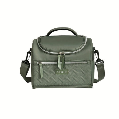Quilted Lunch Bag Tote with Dual Zippers, Front and Side Pockets, Shoulder Strap and Four Colors