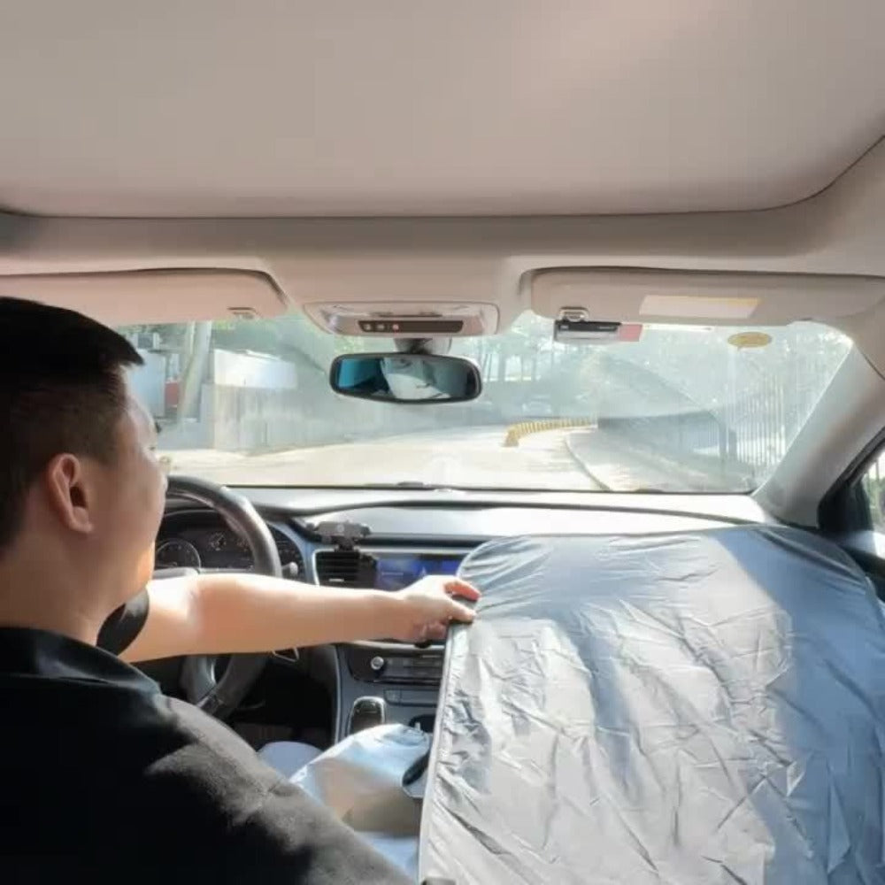 Windshield Sun Shade with Hook & Loop Closure – Foldable Front Window UV Ray Blocker, Dashboard Heat Protector