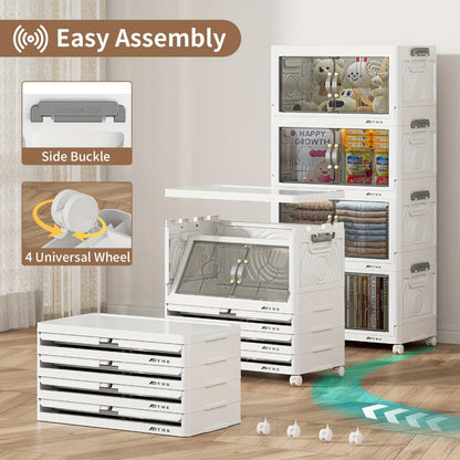 Collapsible Storage Bin with Lid, Foldable Storage Cabinet 2/3/4/5 Layer 48QT Plastic Organizer, Freestanding Storage Rack for Home