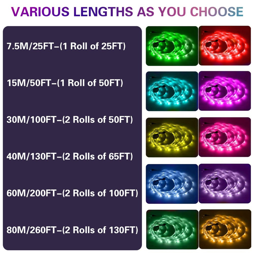 RGB LED Strip Light Kit in 50ft to 260ft Lengths with Color Modes, Dimming and 44-Key Remote