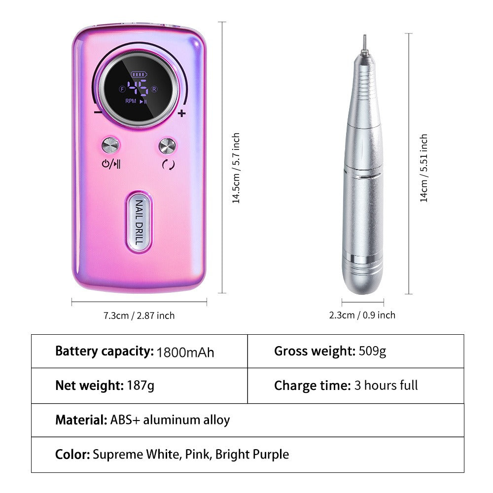 Cordless 45000 RPM Nail Drill Kit with Rechargeable 1800mAh Battery, USB-C Charging and Three Color Options