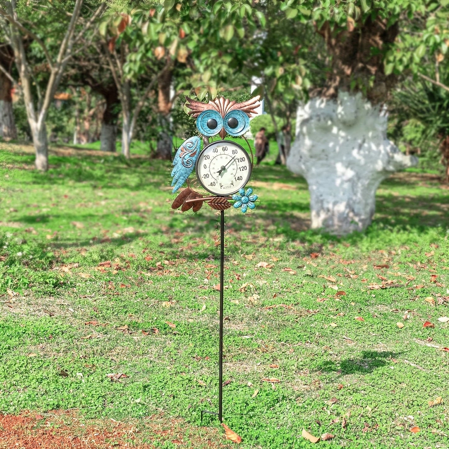 Garden Stake Thermometer 42 Inch Metal Owl Outdoor Wall Thermometer IPX4 Waterproof Patio Yard Decor Art Stake