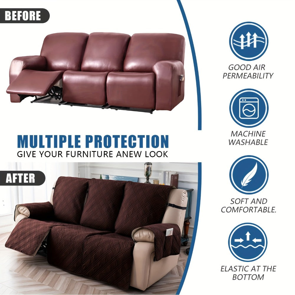 Three-Piece Quilted Recliner Sofa Cover Set for Three Seats with 65 cm Panels and Eight Colors