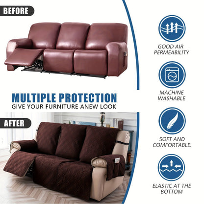 Three-Piece Quilted Recliner Sofa Cover Set for Three Seats with 65 cm Panels and Eight Colors