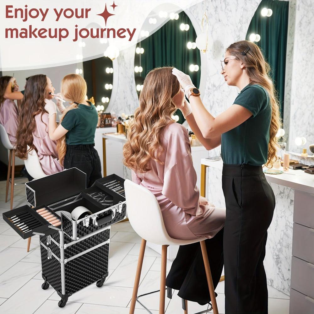 Three-Section Rolling Makeup Train Case with Telescoping Handle in Black or Pink and Sponge Set