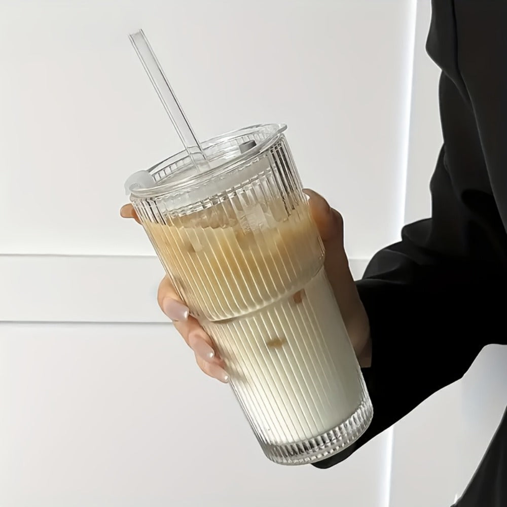 Striped Drinking Glasses with Lids and Glass Straws, 19-Ounce Tumblers in Two- or Four-Piece Sets