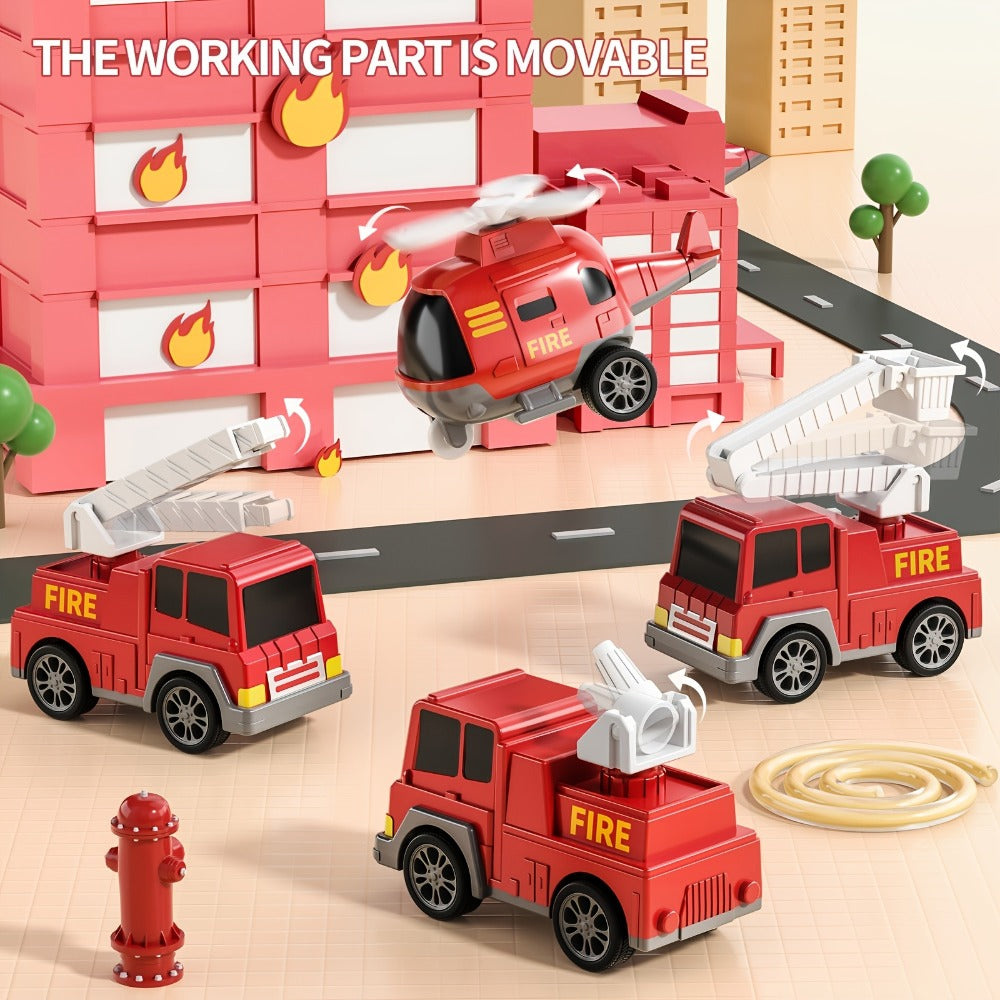 5-in-1 Fire Truck Playset for Kids 3-9, Friction Powered Interchangeable Rescue Vehicles Set with Carrier Truck