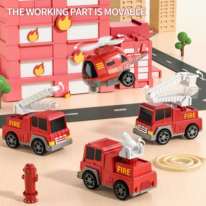 5-in-1 Fire Truck Playset for Kids 3-9, Friction Powered Interchangeable Rescue Vehicles Set with Carrier Truck