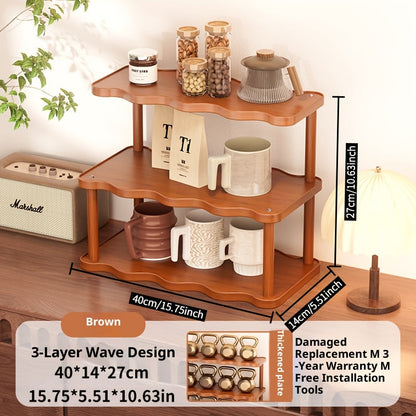 Cup Display Rack Kitchen Organizer 2 or 3 Tier Wave-Style Ladder Shelf in Six Brown Variant Options