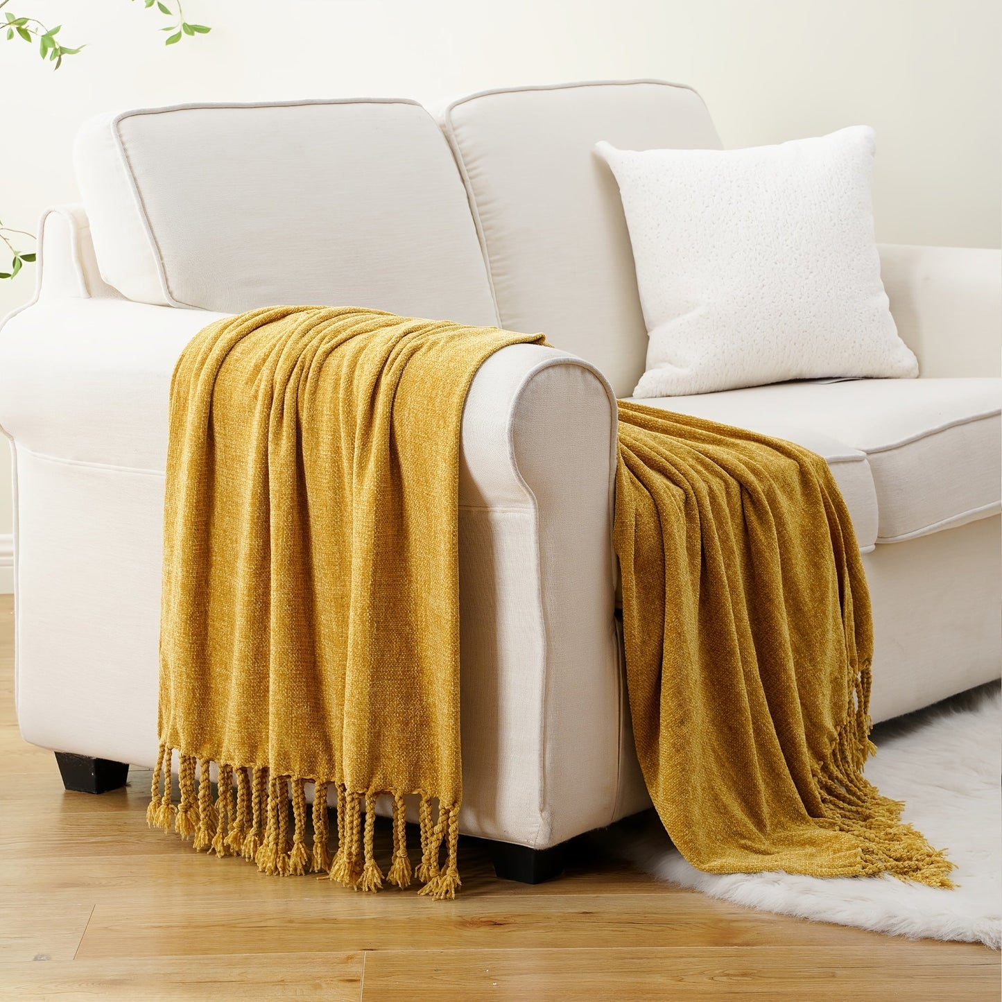 Chenille Fringe Throw Blanket, 180-200gsm Velvety Decorative Throw for Sofa & Couch, Home Decor, 50”×60”