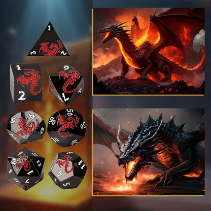 Dragon Metal Dice Set 7pcs Hand-Polished, Retro Carved Dragon Pattern Polyhedral DnD TTRPG RPG Dice with Dragon Storage Bag