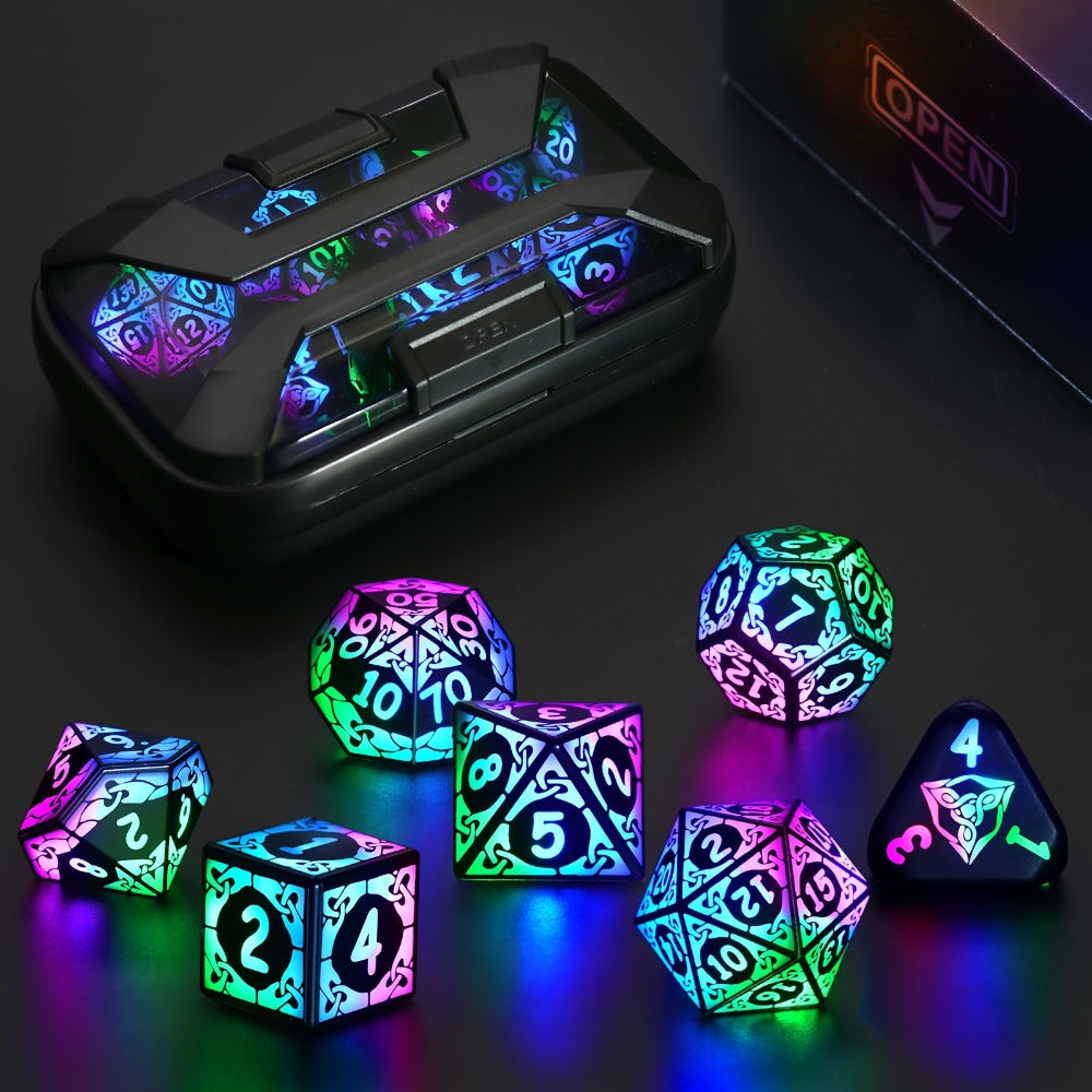 LED Dice Set 7pcs Wireless Rechargeable Light Up, Colorful Glowing Polyhedral Dice with Charging Box