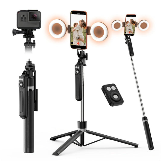 67-Inch Black Selfie Stick Tripod with Two Detachable Lights, Wide Base, Phone Clamp and Remote