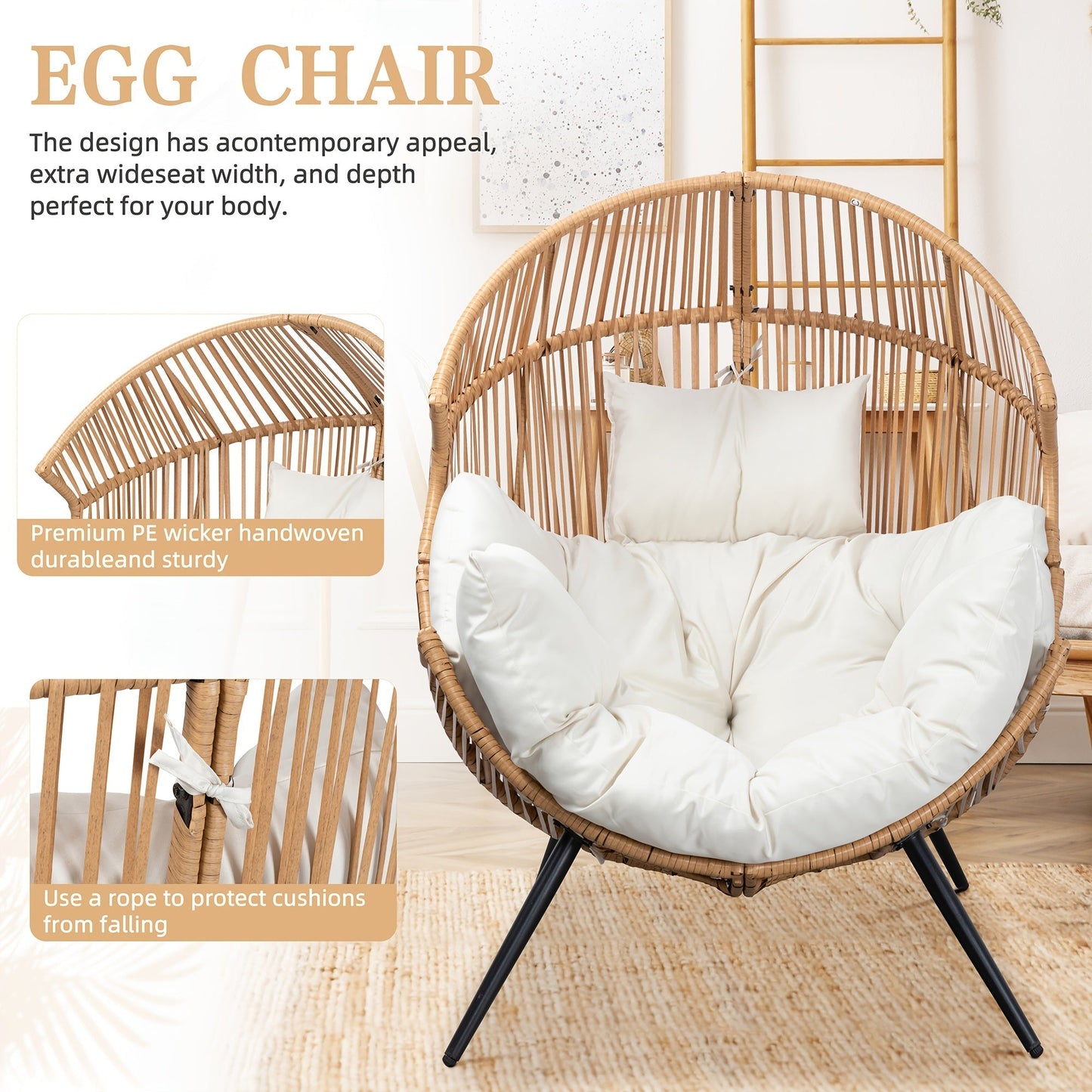 Egg Chair Outdoor Wicker PE Rattan Oversized Patio Lounge Chair with Cushion Rocking Egg Chair for Garden, Patio and Yard Use