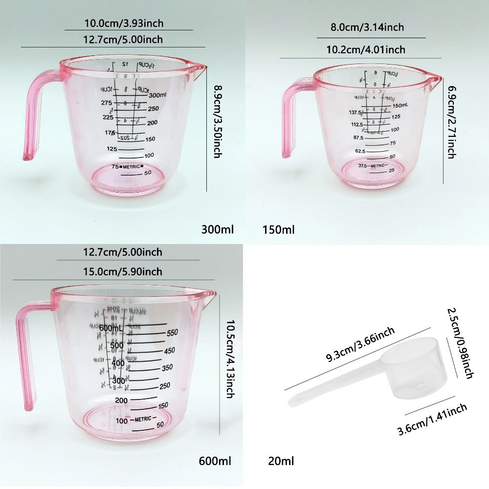 Measuring Cups and Spoon Set 4pcs – Pink Transparent Baking Measuring Cup Kit with ML OZ Cup Markings, PS Material