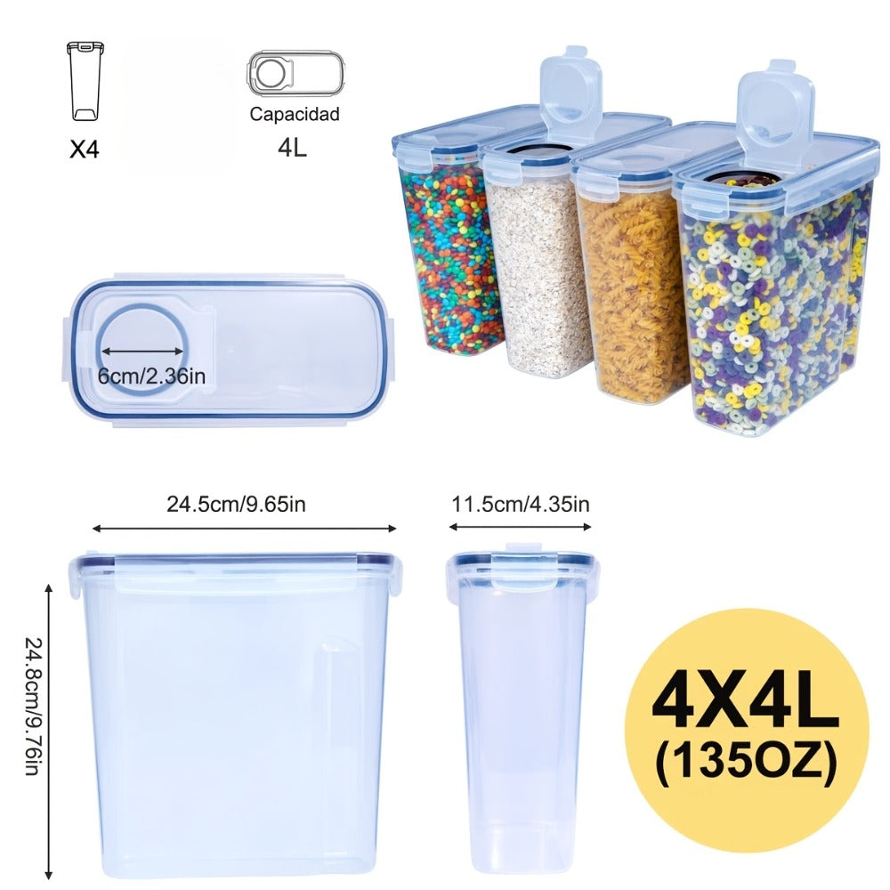 Food Storage Container Four-Pack with 4L Clear Pantry Canisters, Pour-Spout Lids, Labels and Marker