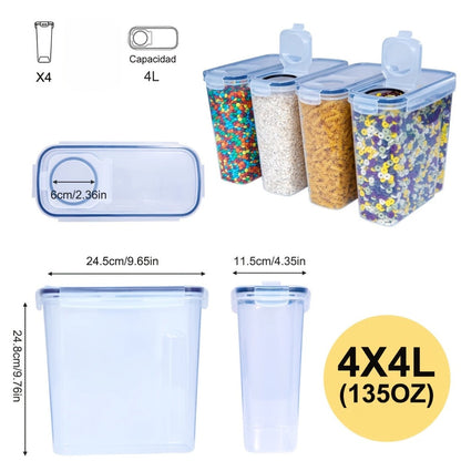 Food Storage Container Four-Pack with 4L Clear Pantry Canisters, Pour-Spout Lids, Labels and Marker