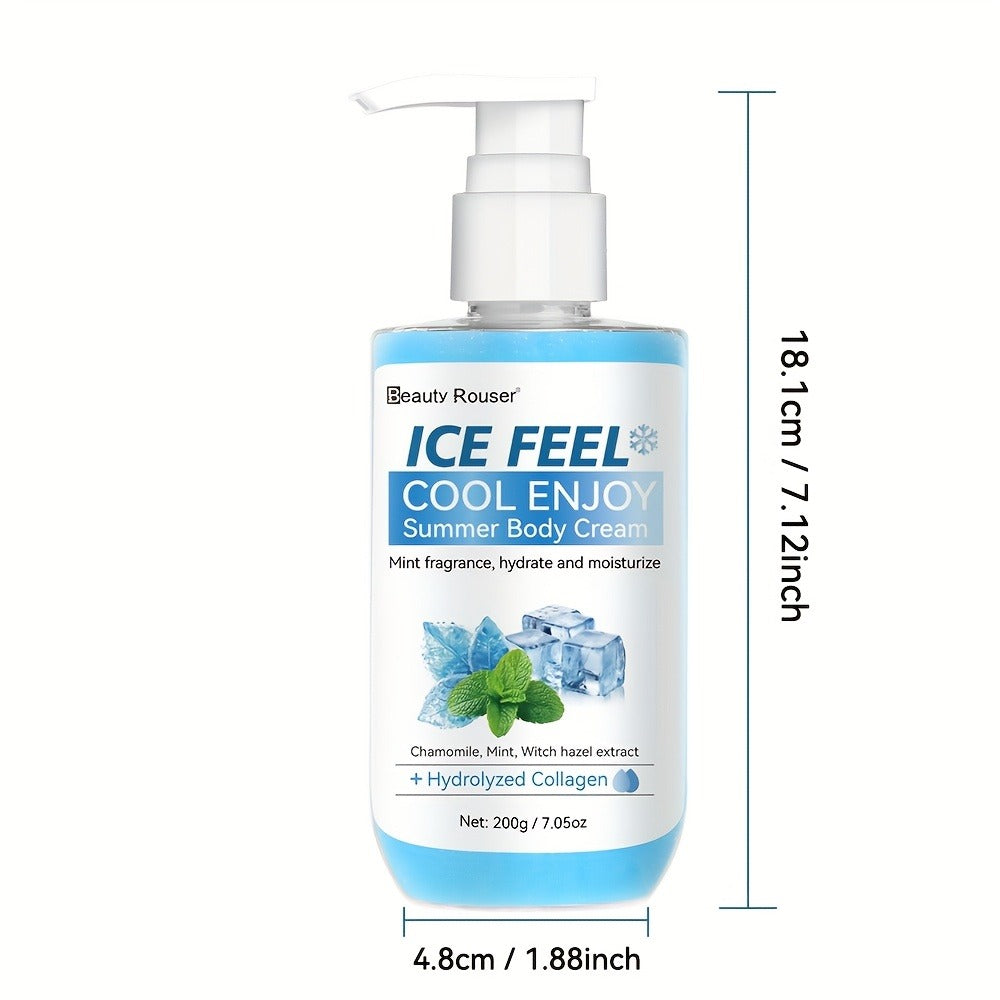 Body Cream Beauty Rouser ICE FEEL 200g Pump with Mint Chamomile Witch Hazel and Collagen Package Callouts