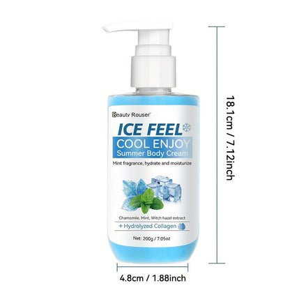 Body Cream Beauty Rouser ICE FEEL 200g Pump with Mint Chamomile Witch Hazel and Collagen Package Callouts