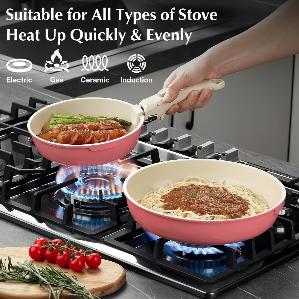 Cookware Set IKTU 5-Piece Detachable-Handle Aluminum Pots and Pans in White, Pink, Beige or Coral Pink