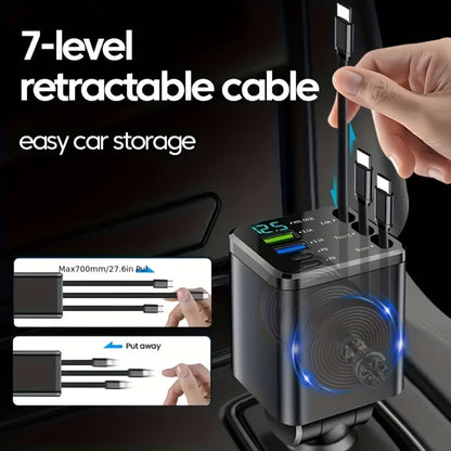 7-in-1 Car Fast Charger with 3 Retractable Cables, LED Digital Display, 180° Adjustable Arm, Universal Plug