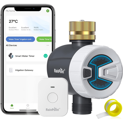 WiFi Garden Watering Timer with Brass Inlet, App & Voice Control, Automatic Irrigation System