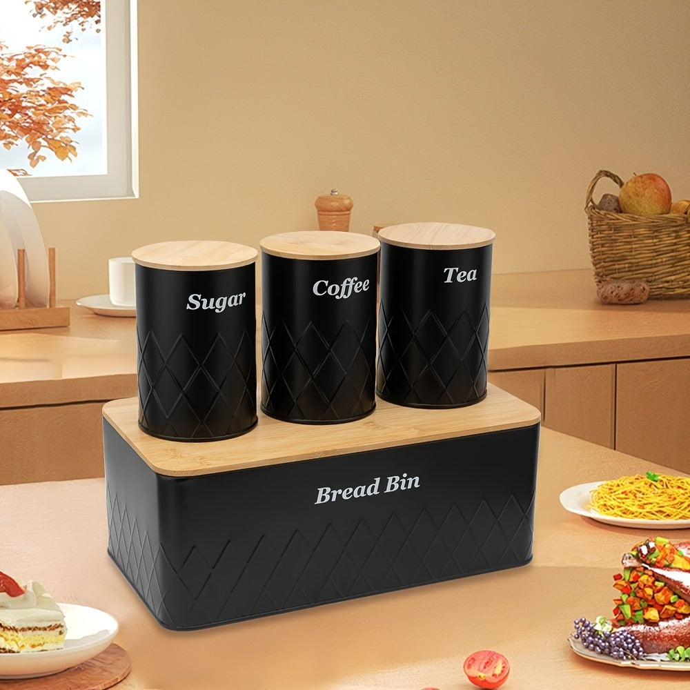 Bread Bin with 3-Piece Canister Set for Tea Sugar Coffee – Flip-Top Lid Kitchen Storage Containers Countertop Organizer Set