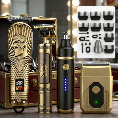 Hair Clipper & Trimmer Set 4-Piece for Men – Professional Barber Kit with Nose Trimmer, Detail Trimmer, Guide Comb