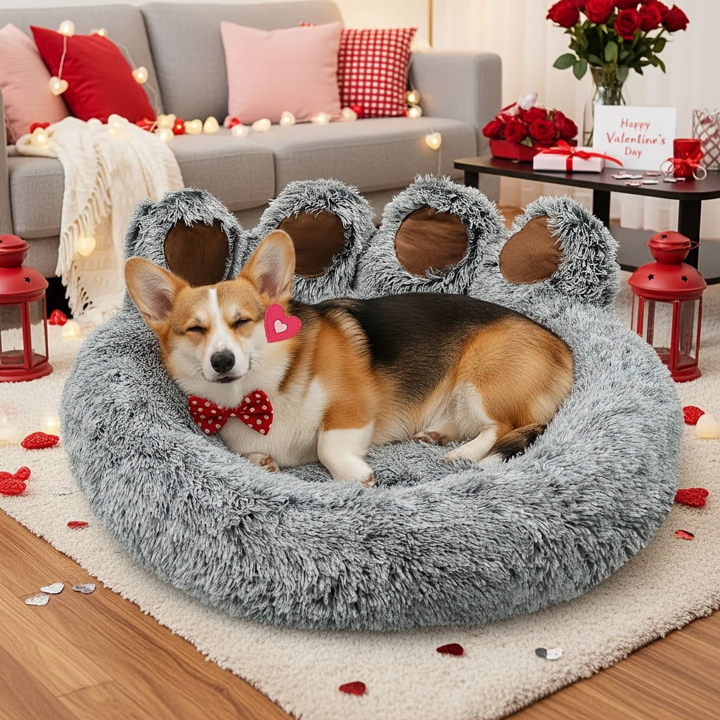 Dog Bed Cat Bed Bear Paw Shaped Donut – Calming Round Plush Pet Mattress, Warm & Soft Cuddler Bed for Dogs and Cats, Includes Pet Scarf