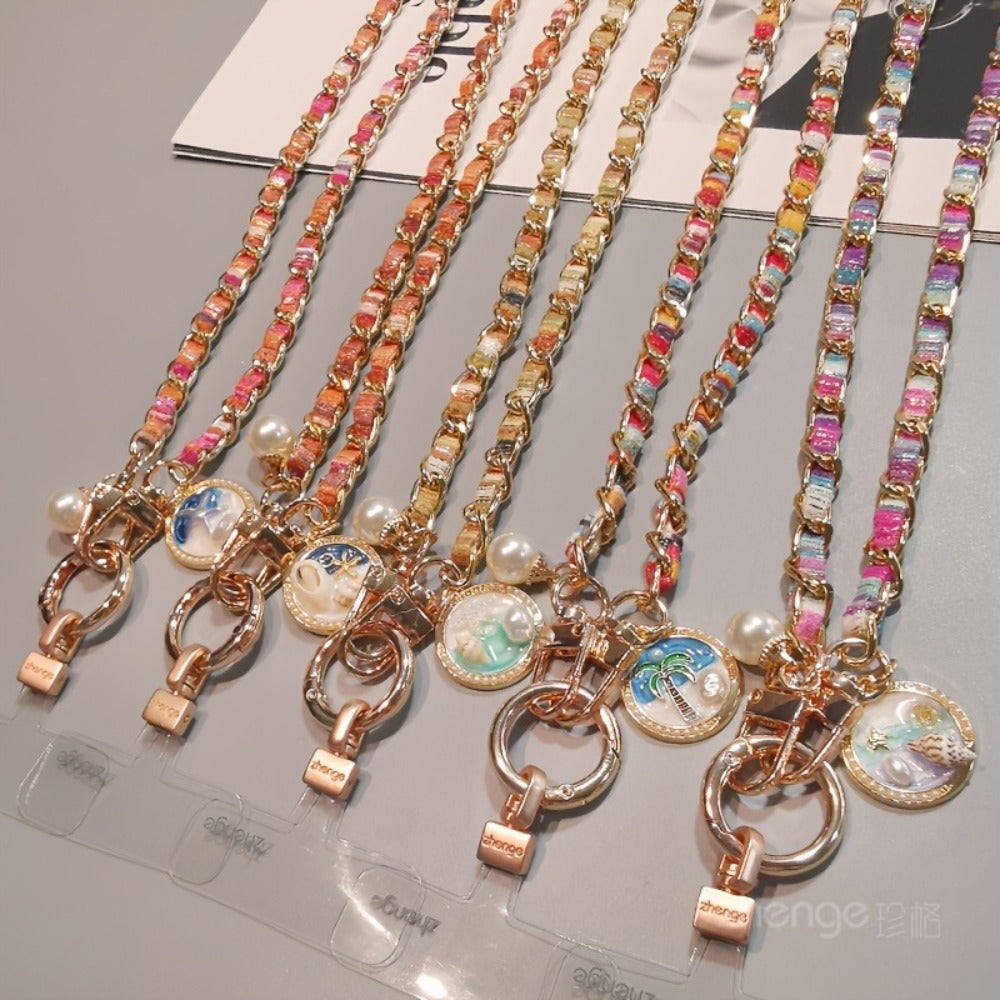 Metal Chain Phone Crossbody Strap Painted Fabric Long Lanyard Fashionable Disc Button Shoulder Phone Strap