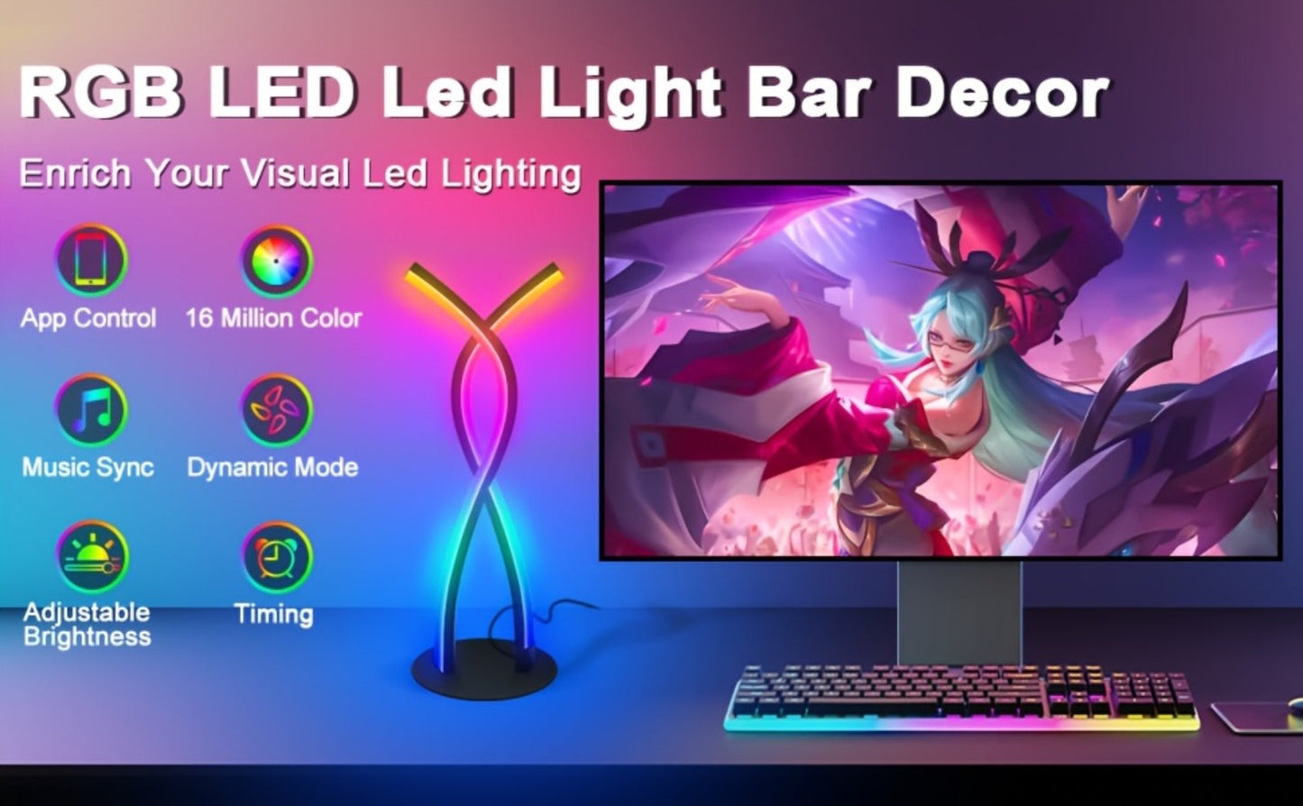 RGB Gaming Desk Lamp with App Control & Music Sync, 18-Key Remote, LED Light Bars, TV Backlight & Night Light