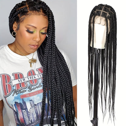 Extra-Long Natural Black Braided Wig with Full Lace Cap and 40-Inch Straight Box Braids for Styling