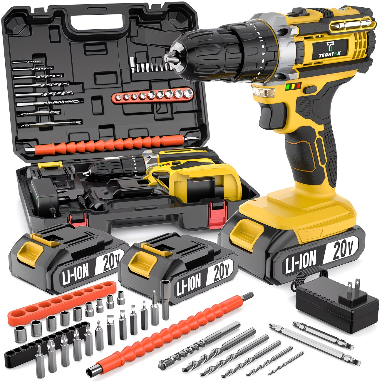 Cordless Drill Set 20V - Tegatok Impact Drill Kit with 45Nm Torque, 23-Speed Settings, LED Light