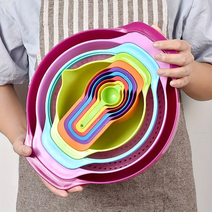 Mixing Bowl Set with Measuring Cups and Spoons, 10pcs Colorful Nesting Salad Bowls with Colander & Sifter