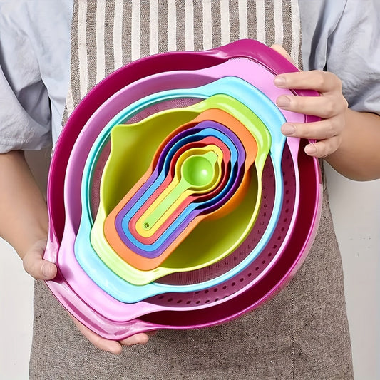 Mixing Bowl Set with Measuring Cups and Spoons, 10pcs Colorful Nesting Salad Bowls with Colander & Sifter