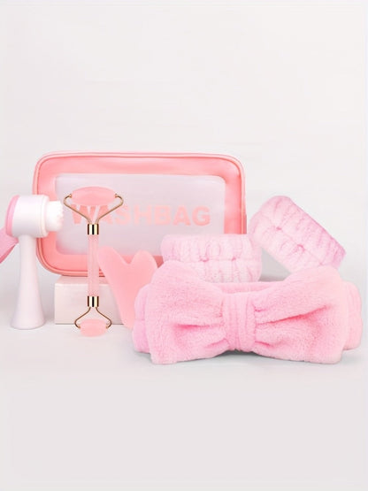 Facial Cleansing Massage Set 7Pcs Silicone Face Brush Double-Headed Roller Massager Heart Scraping Board Wristbands Hair Band Pink Storage