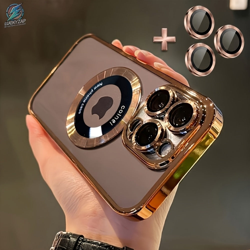 Phone Case Electroplated Clear Back with Built-In Lens Film and Magnetic Qi Charging for Select iPhones