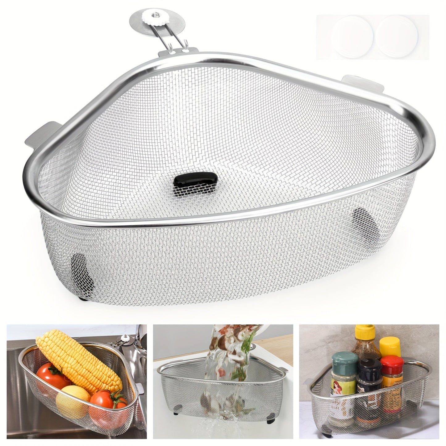 Stainless Steel Sink Strainer Basket 304 Grade Triangular Space-Saving Design, Dual-Use Stand & Hang