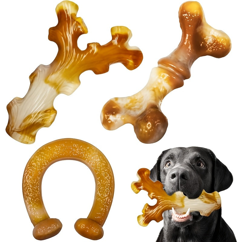 Three-Piece Dog Chew Toy Set with Branch, Bone and Ring Shapes in Milk Tea Brown for Supervised Play
