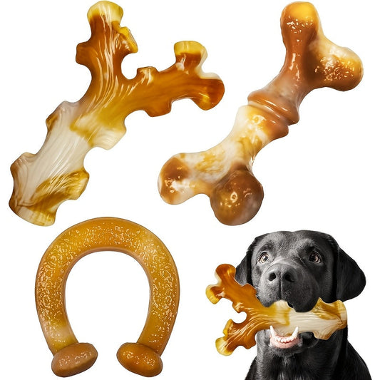 Three-Piece Dog Chew Toy Set with Branch, Bone and Ring Shapes in Milk Tea Brown for Supervised Play