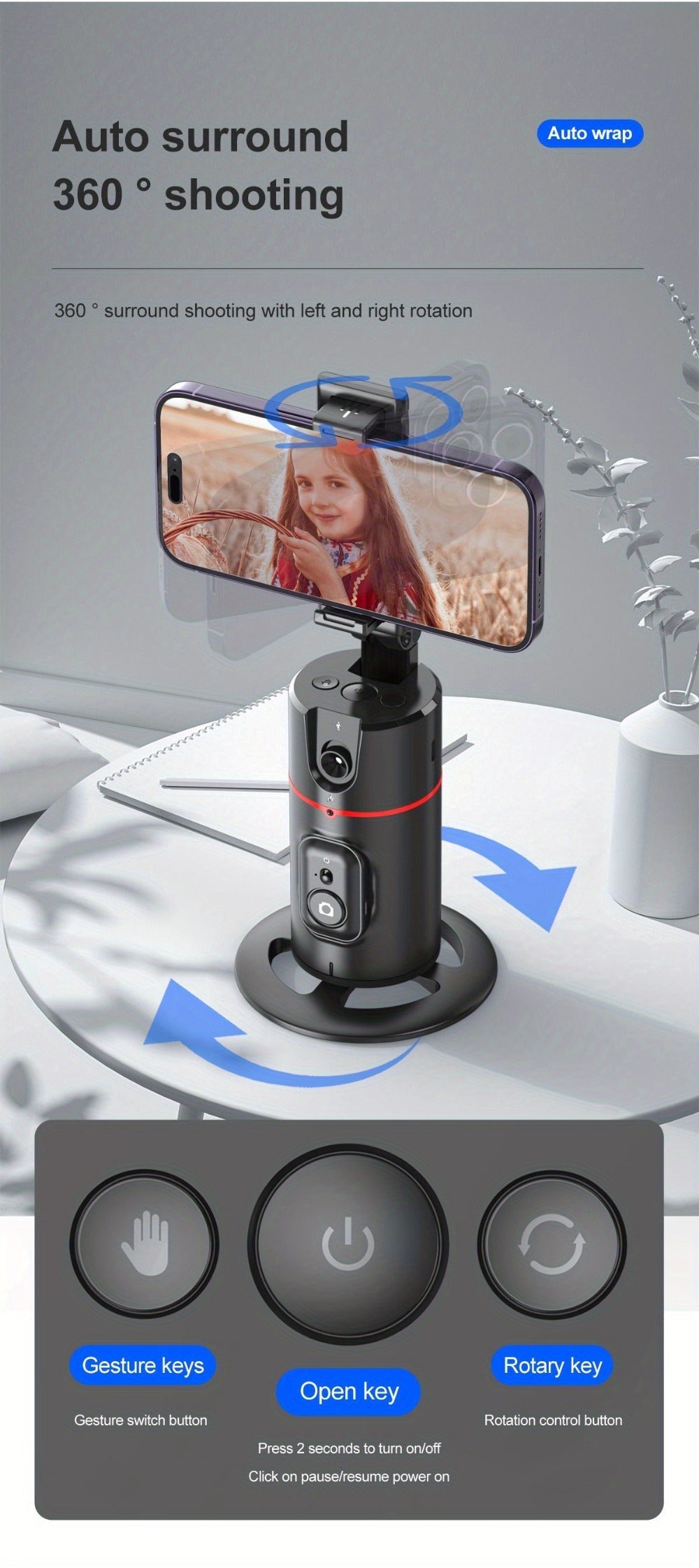 Gesture Control Auto Face Tracking Tripod with 360° Rotation & Wireless Remote No App Required