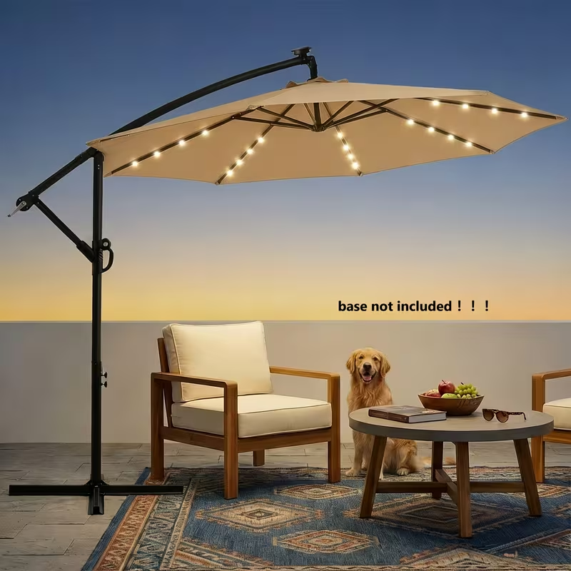 Patio Umbrella 10FT Offset Cantilever Solar LED Style with Tilt, Crank and 16 Base-Choice Color Options