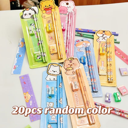 20-Piece Cartoon Pencil Stationery Set with Ruler Eraser Sharpener, Random Cartoon Styles, Kids School Supplies, Party Favor Prizes