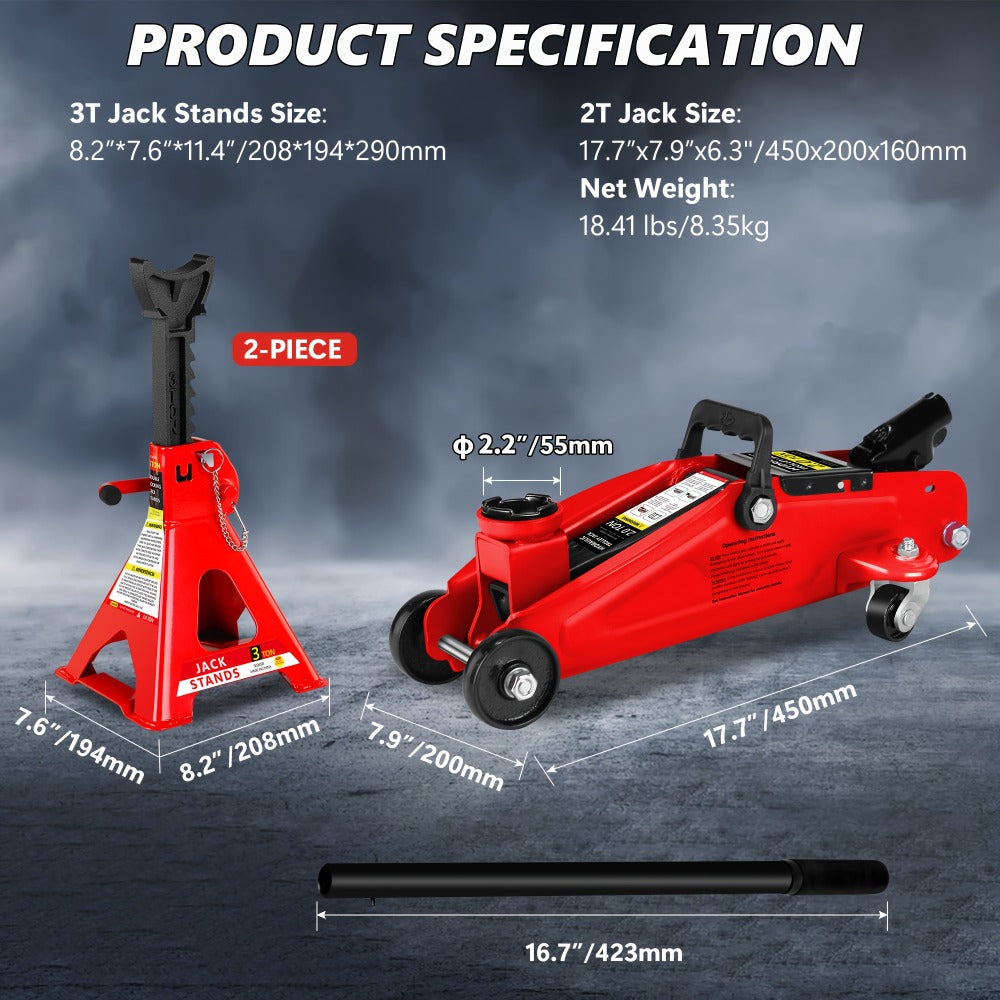 Hydraulic Floor Jack Kit 2/2.5/3 Ton Low Profile Trolley Jack with Jack Stands, Tire Repair Kit, Wheel Wrench & Wheel Chock Combo – Red/Blue