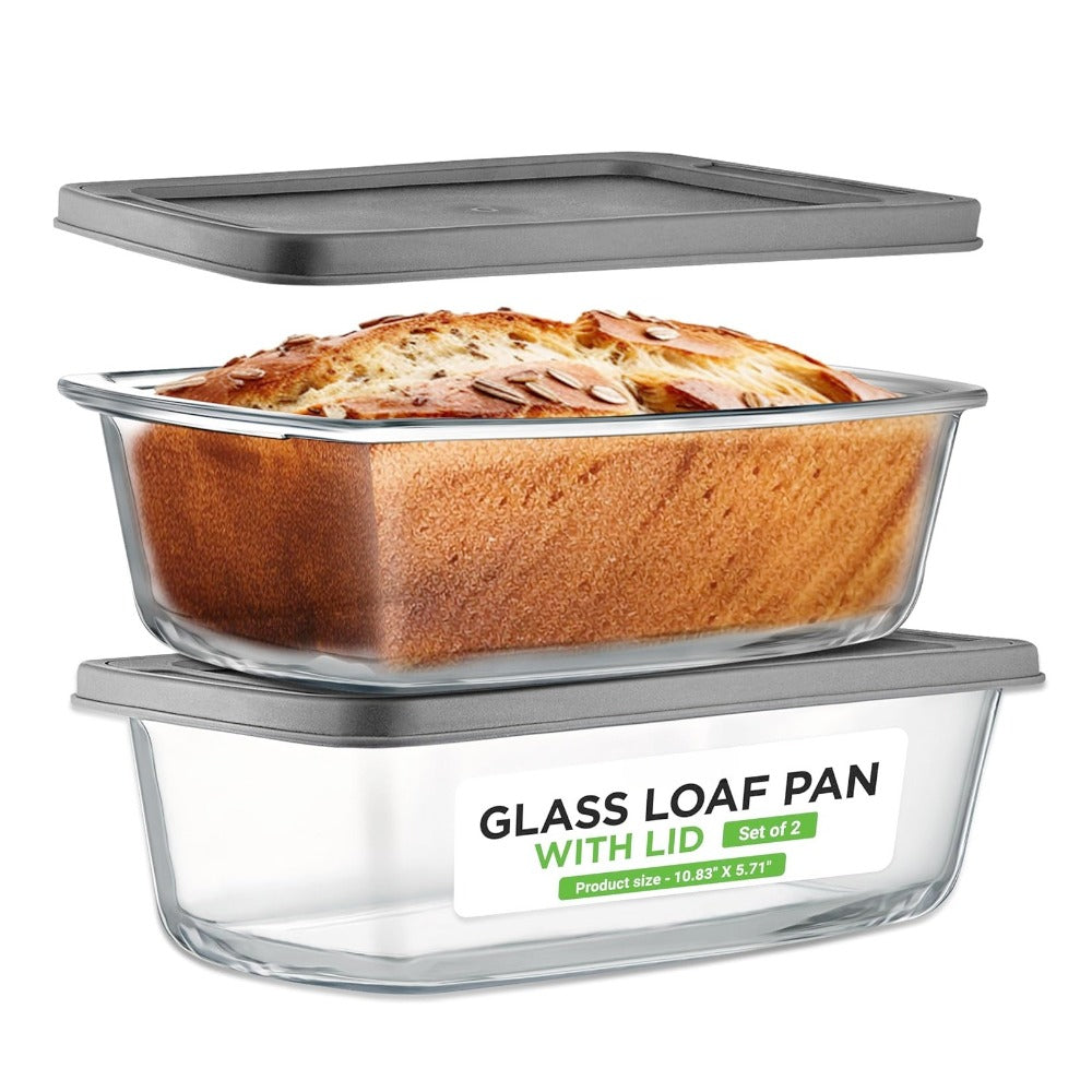 Glass Loaf Pan Set with Lids, 4pcs Stackable 1.9 QT Bread Baking Dish with Airtight Lid, Oven Microwave Dishwasher Safe Glass Food Storage