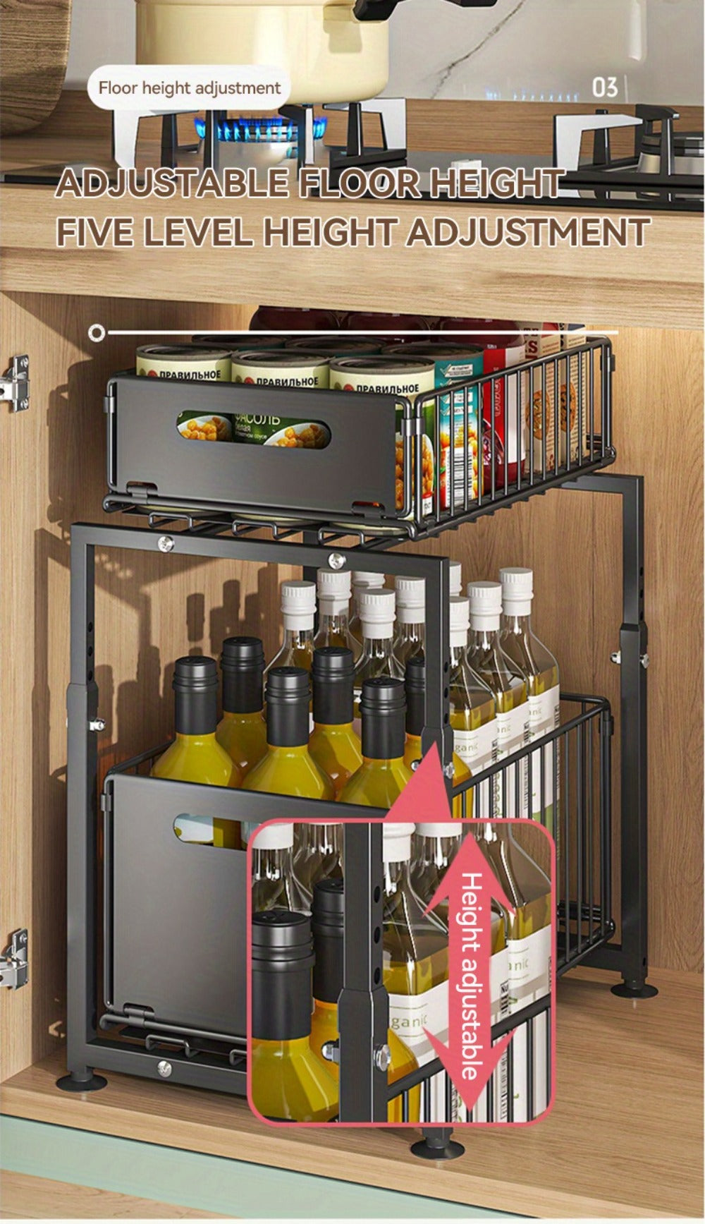 Under Sink Storage Organizer 2-Tier Metal Slide-Out Shelf for Kitchen or Bathroom Cabinet Use